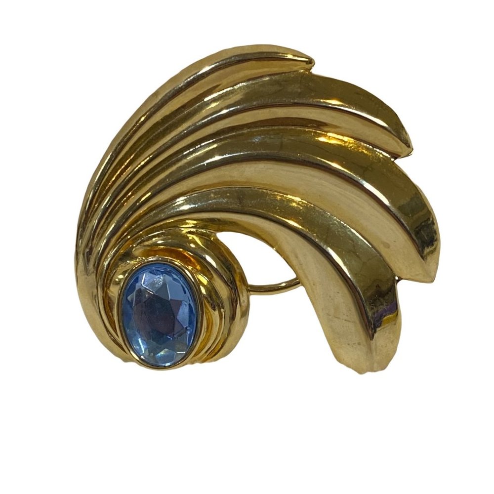 Vintage Jeri Lou Scarf Clip 2 Inch Gold Color Metal Blue Stone Setting